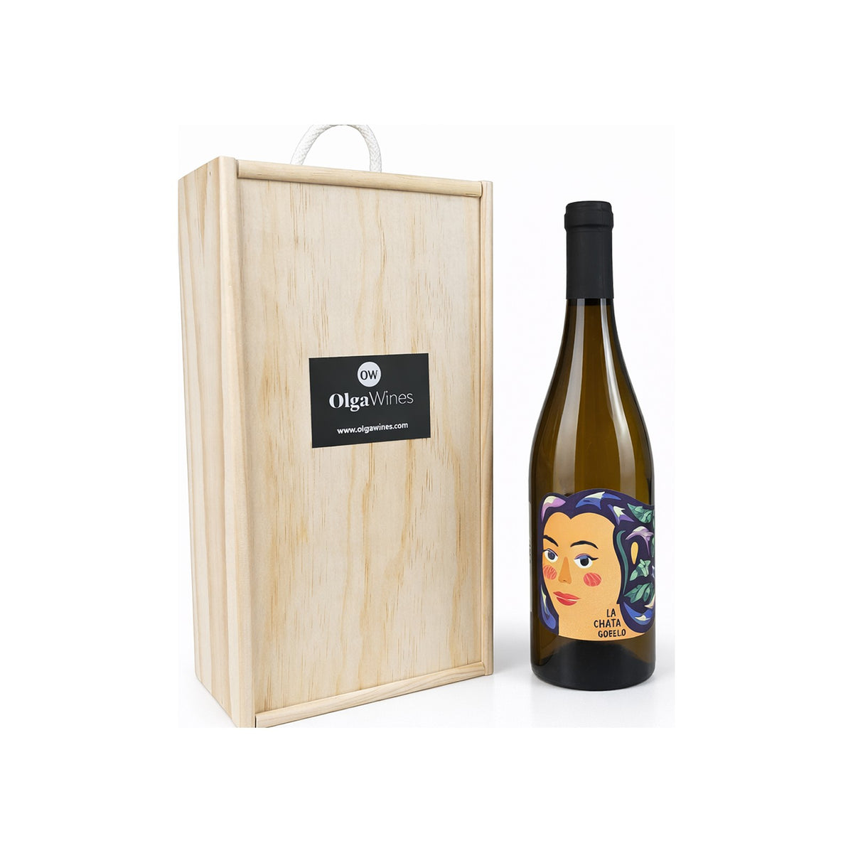 Caja de madera con dos botellas de La Chata Godello de 75 cl