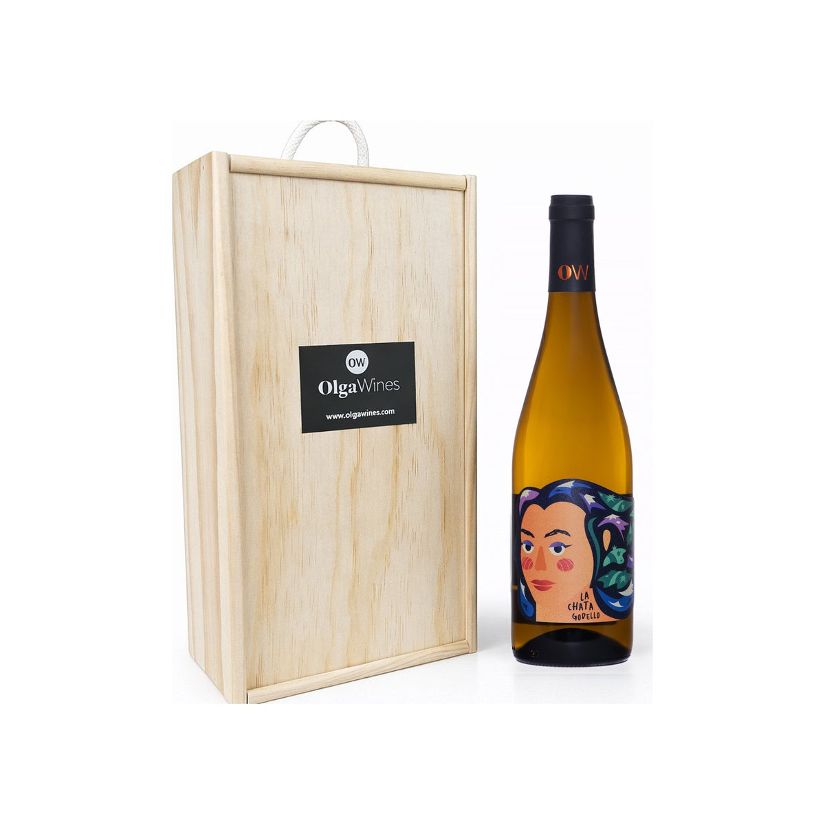 Caja de madera con dos botellas de La Chata Godello de 75 cl