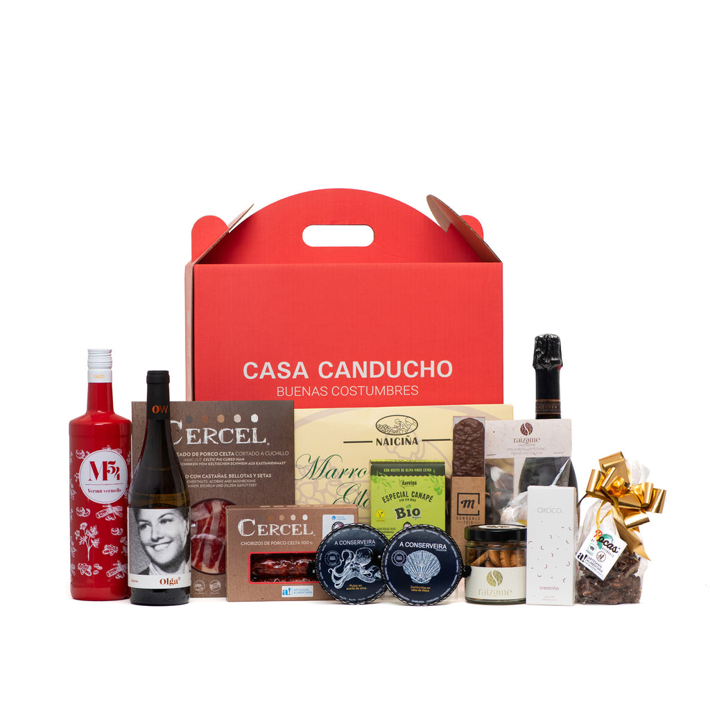 Lote de Navidad Río Umia 2026 de Casa Canducho, en caja roja de Casa Canducho, con todos sus productos